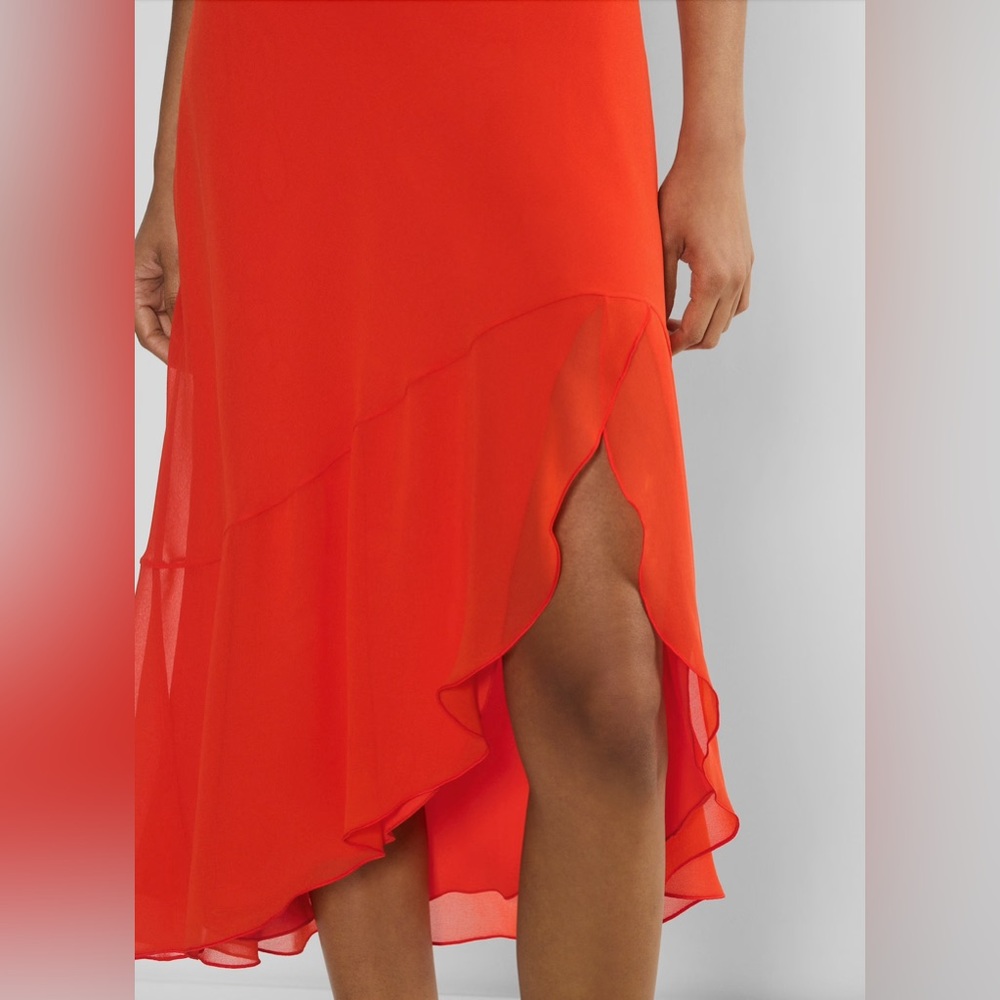 Aritzia Wilfred Engage Dress Red/Orange Rosette Ruffle Asymmetrical Slip Dress - Picture 6 of 13